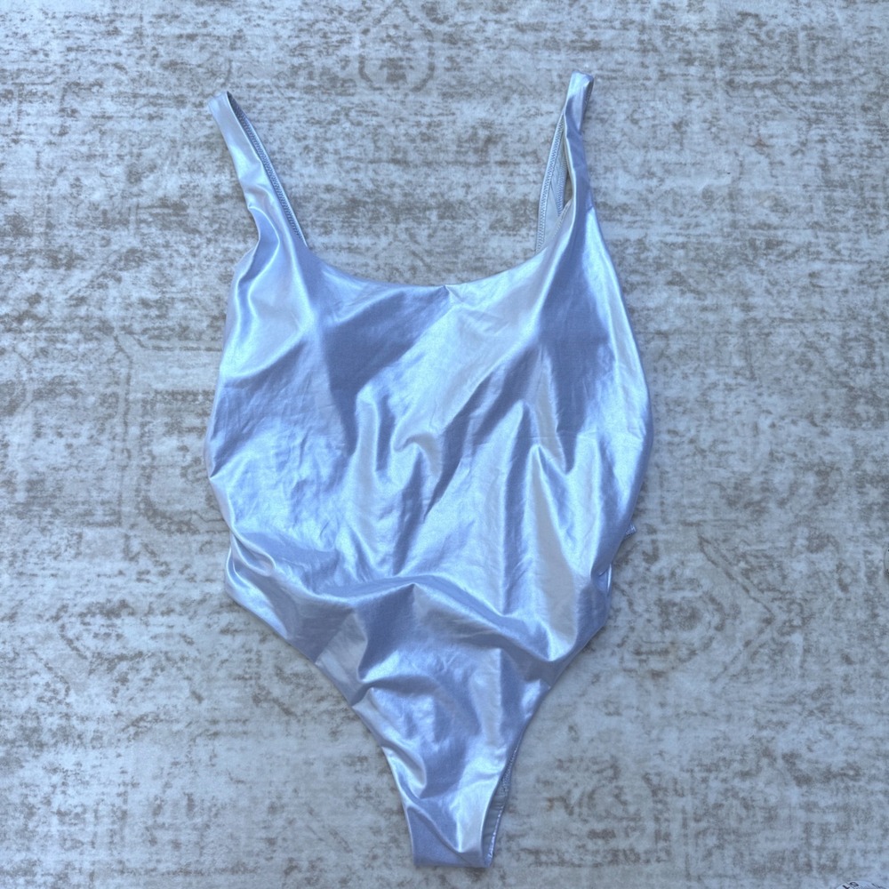 Zara Metallic Silver One Piece Swimsuit High Cut Leg Removable Padding XL NEW